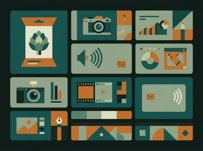 Набор визуальных материалов: инфографика, карточки, камера, NFC