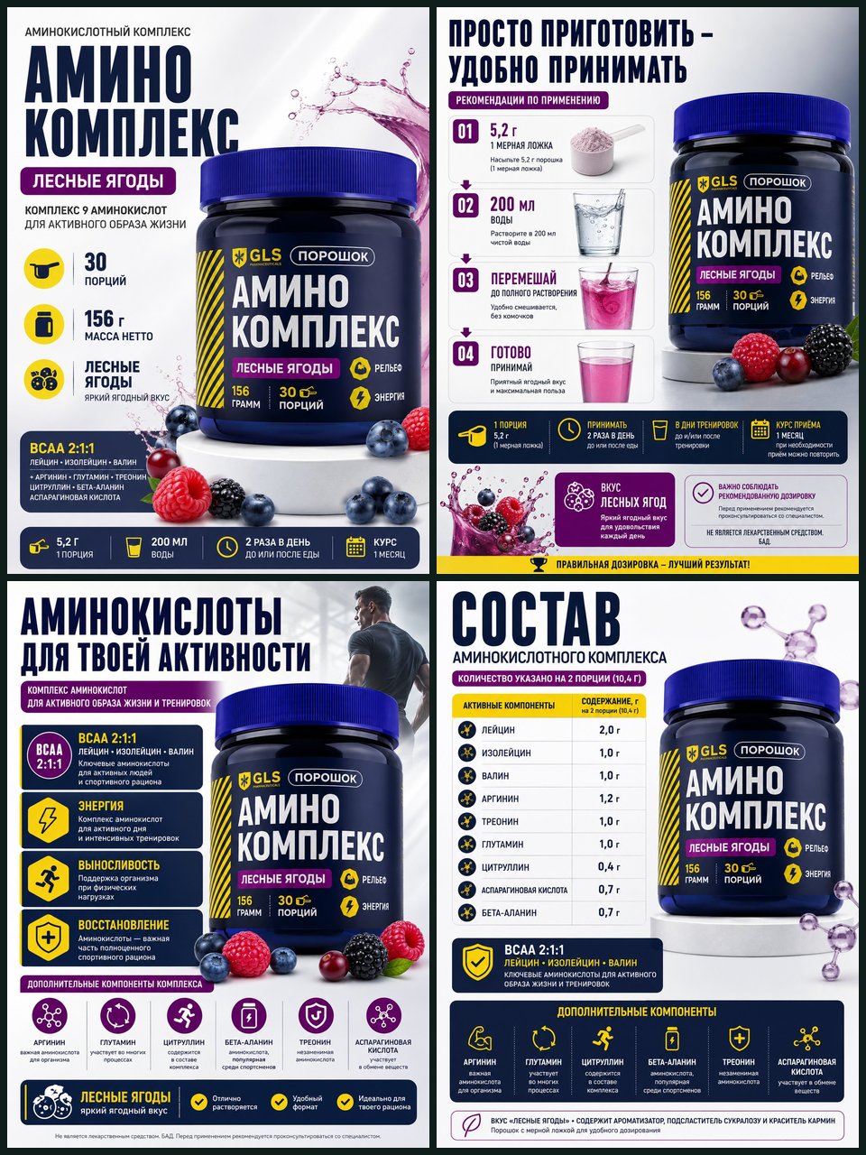 Четыре слайда инфографики для карточки аминокомплекса